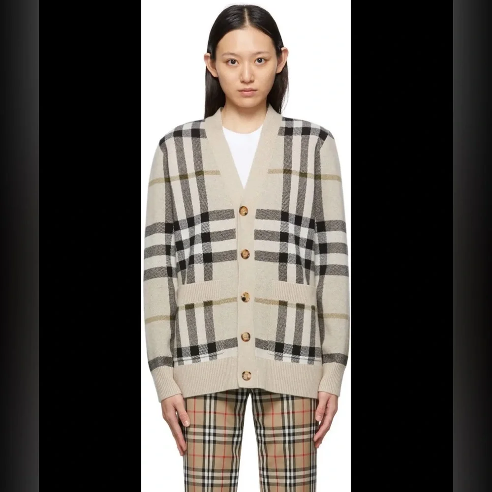 Burberry Signature Check Jacquard  Cardigan Wool Cashmere in Beige | size L - Picture 5 of 12